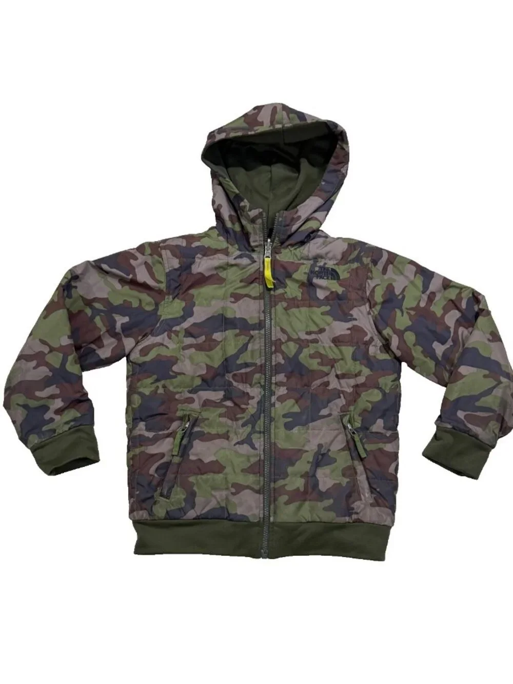 The North Face Jacket Boys Green Camo Reversible Puffer Fleece Full Zip S 7/8
